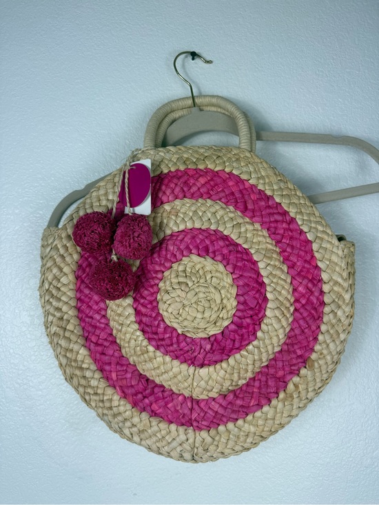Handbags - Straw pink and corn husk color circular bag with pom poms